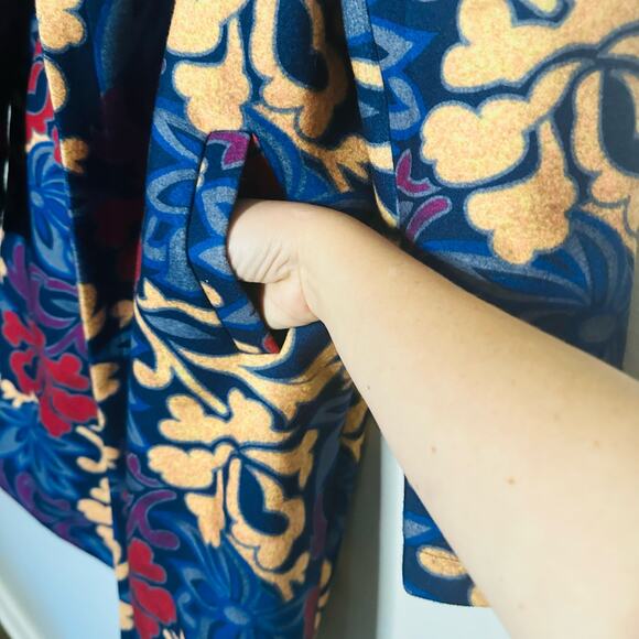 Vintage YaZhuang Floral Blue Tan Red Front Pocket Blazer Long Jacket Size Large - Picture 12 of 14